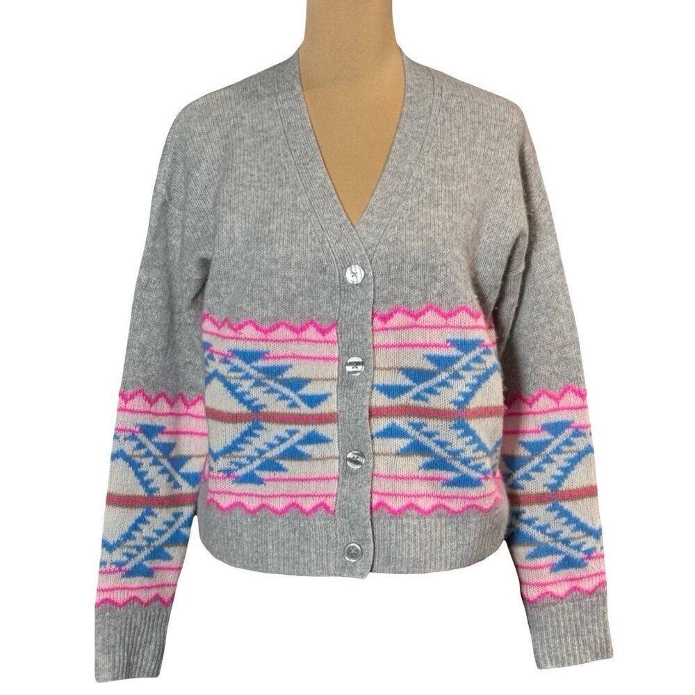 Aqua Women 100% Cashmere Fair Isle Cardigan Sz SGray Oversized Preppy Heritage